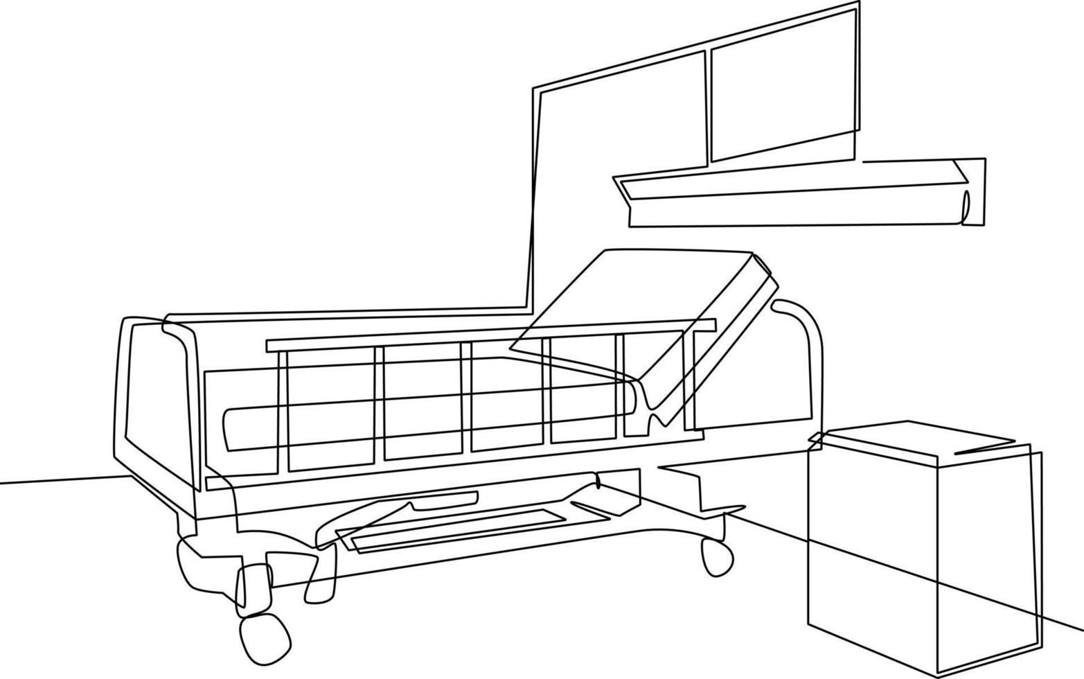 single een lijn tekening ziekenhuis kamer interieur met bed en kliniek apparatuur. een leeg ziekenhuis kamer concept. doorlopend lijn trek ontwerp grafisch vector illustratie.