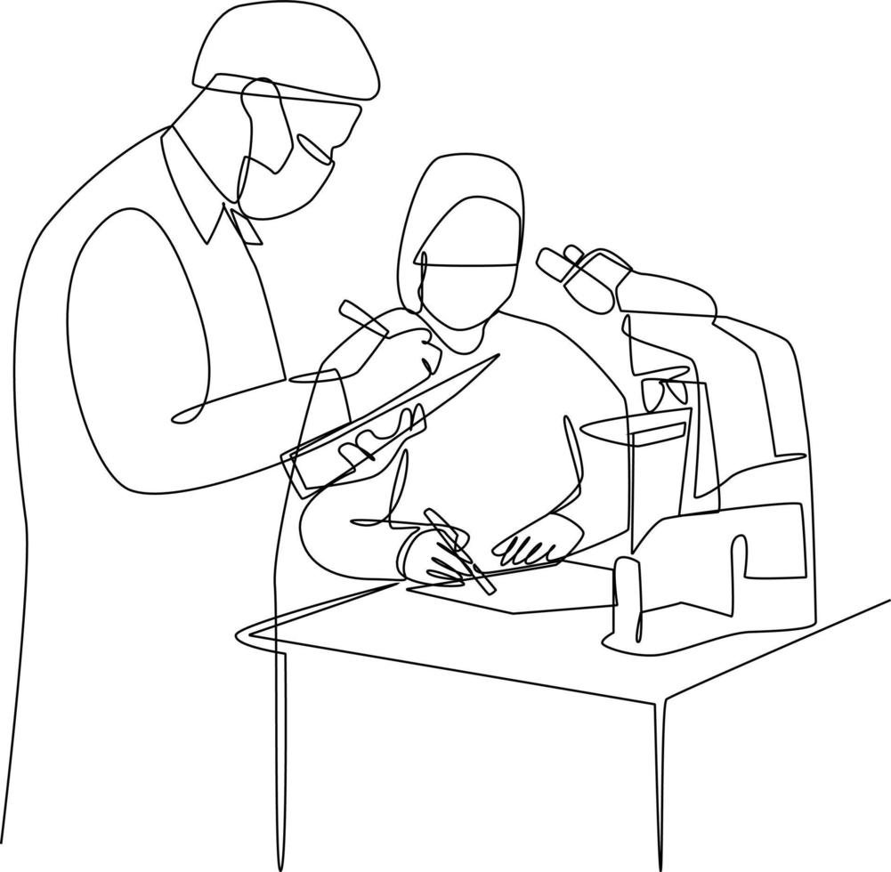 doorlopend een lijn tekening wetenschapper aan het doen sommige Onderzoek. laboratorium werkzaamheid concept. single lijn trek ontwerp vector grafisch illustratie.