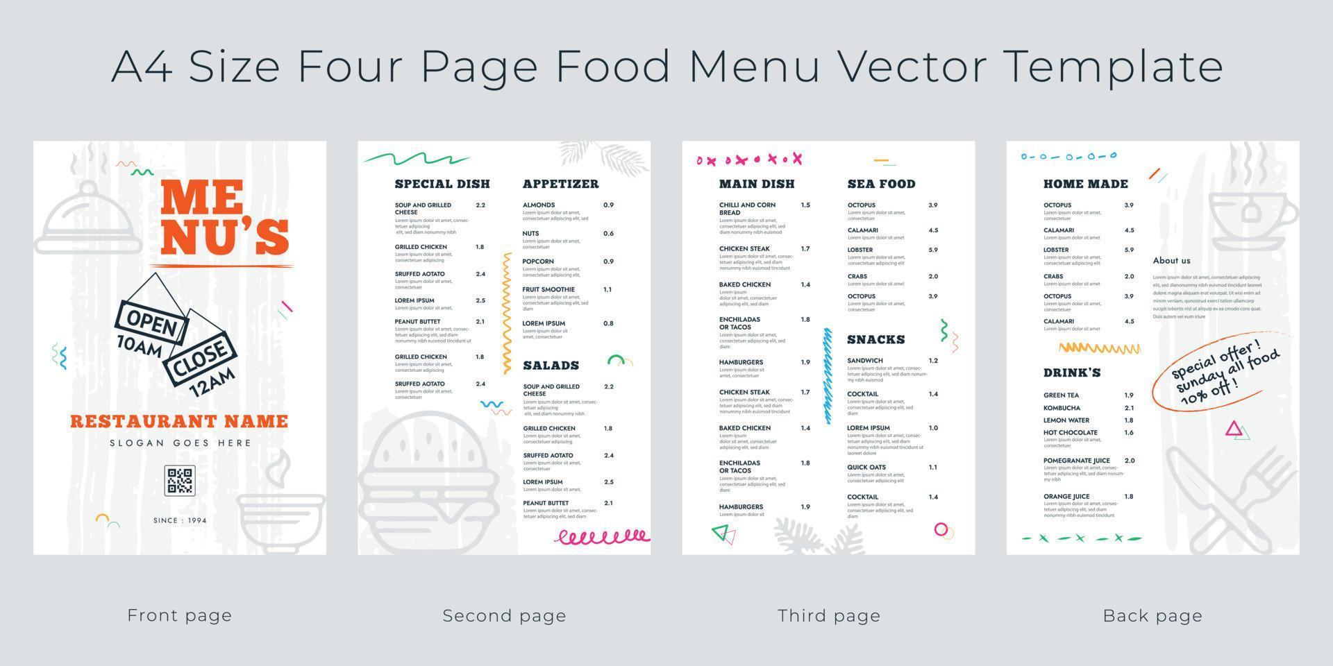 restaurant cafe menu, sjabloon ontwerp. a4 maat, vier bladzijde voedsel menu vector sjabloon.