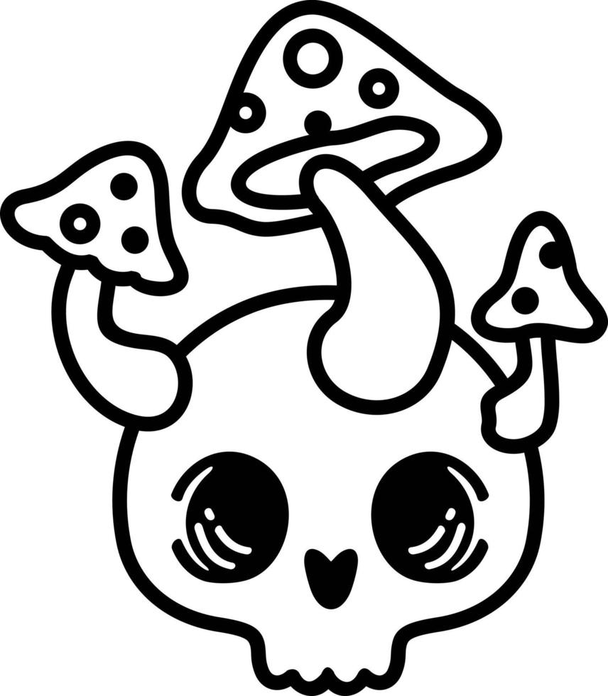 schedel en magisch psychedelisch champignons. humoristisch samenstelling. menselijk schedel en paddestoel gekiemd. voor stickers, affiches, tatoeages en t-shirt ontwerp vector