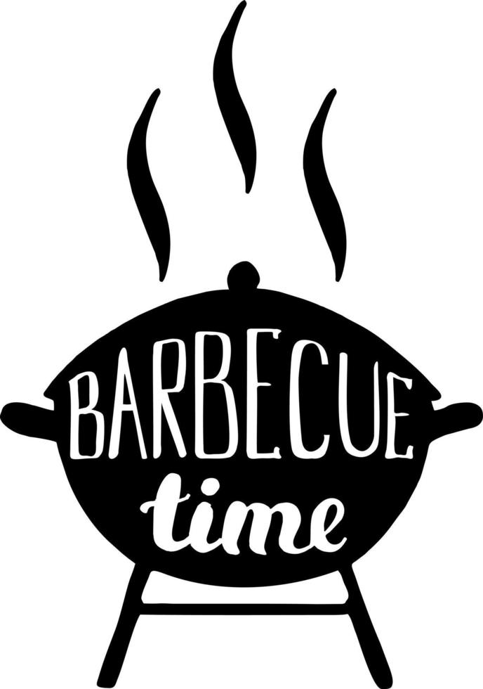 barbecue tijd logo met bbq logotype en barbecue grill, vlees vis groenten rooster toestel vork mes kip garnalen citroen kruid. bbq tijd. barbecue partij vector