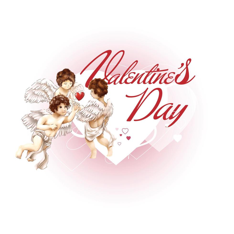 drie van engelen geven hart voor samen, cupido's met gelukkig Valentijnsdag dag roze tekst Aan wit achtergrond vector