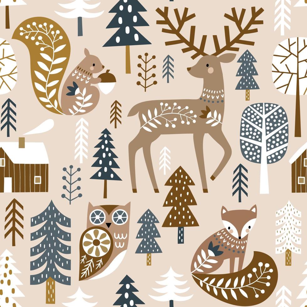 naadloos patroon met schattig bos- dieren en bossen. Scandinavisch bos- illustratie vector