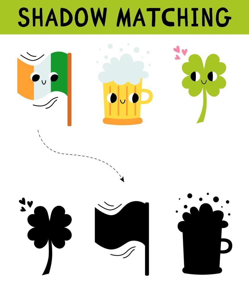 schattig st. Patrick dag elementen schaduw bij elkaar passen werkzaamheid voor kinderen. gemakkelijk leerzaam spel voor kinderen met bladeren. vind de correct silhouet afdrukbare werkblad. vector tekenfilm illustratie.