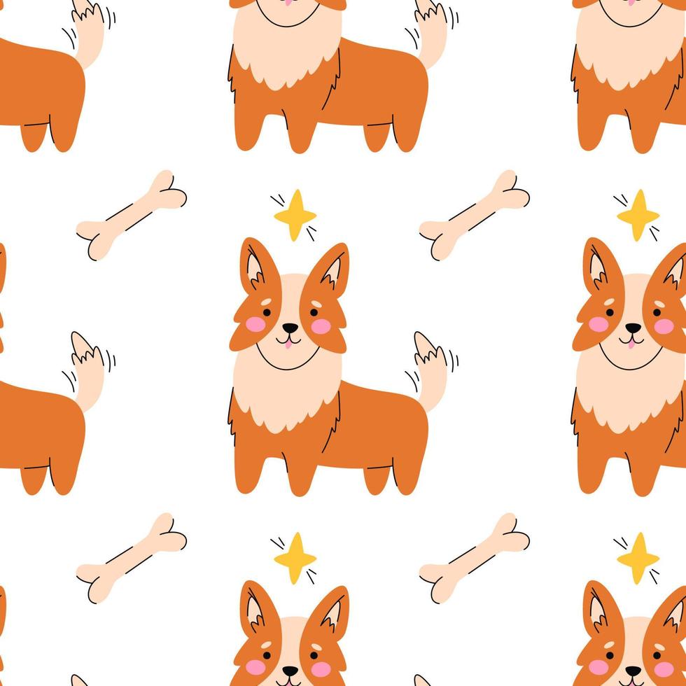 naadloos patroon met corgi, bot en ster. gelukkig weinig pup. kawaii hond. kinderen naief behang of boho tekenfilm mode allemaal over- afdrukken. vector tekenfilm illustratie.