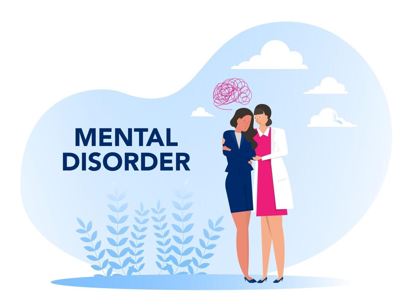 psychische stoornis, cartoon verpleegster met meisje psychologische problemen concept van psychische stoornis of ziekte. vector illustratie