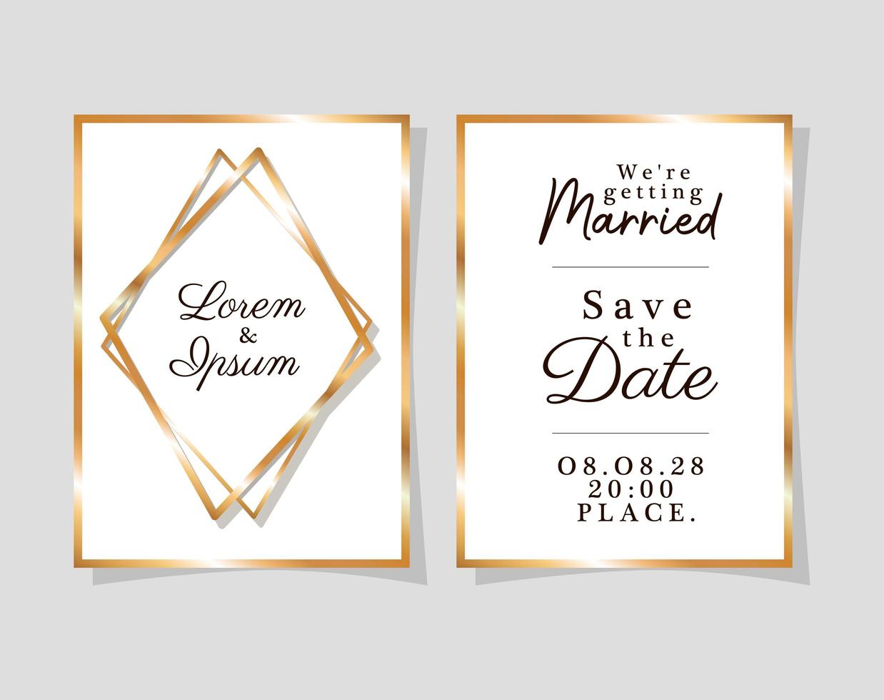 twee huwelijksuitnodigingen met gouden frames vector ontwerp