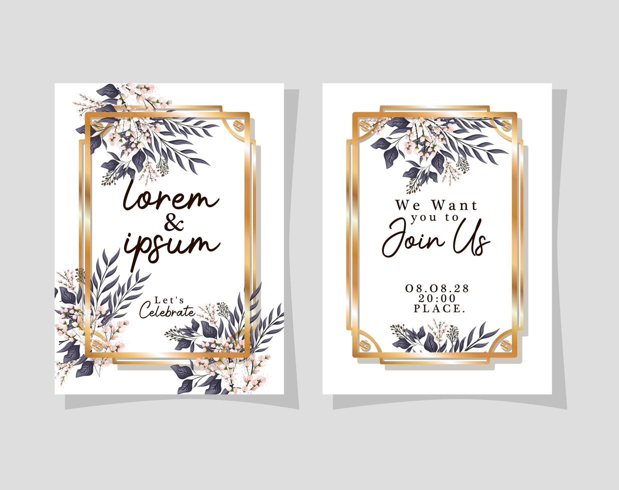 twee huwelijksuitnodigingen met gouden kadersbloemen en bladeren vectorontwerp vector