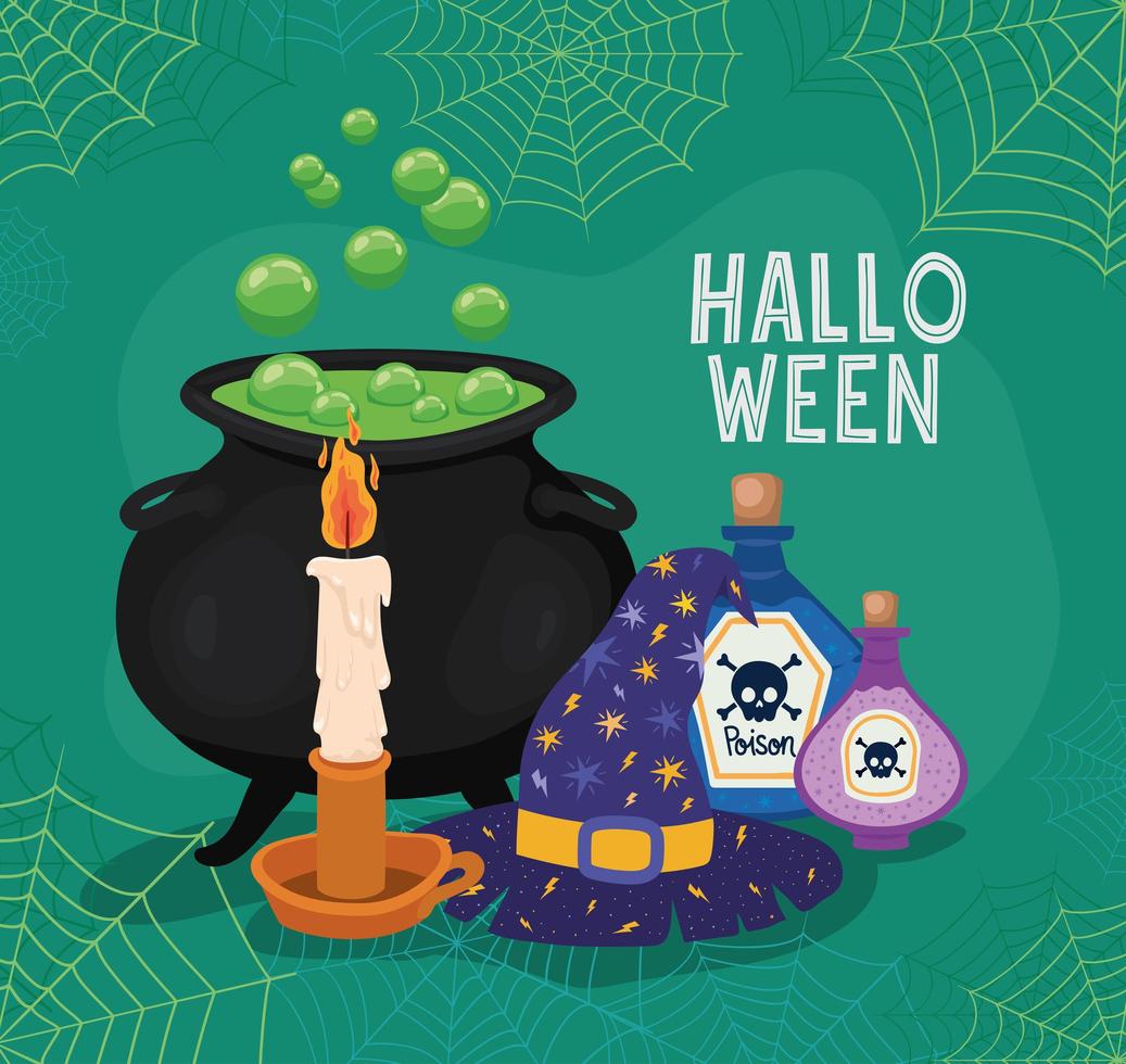 Halloween heksenketel, hoed, kaars en gif met spinnenwebben frame vector ontwerp