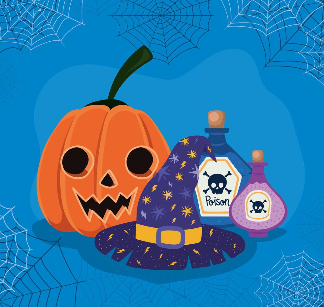 halloween pompoen, heksenhoed en gif met spinnenwebben frame vector ontwerp