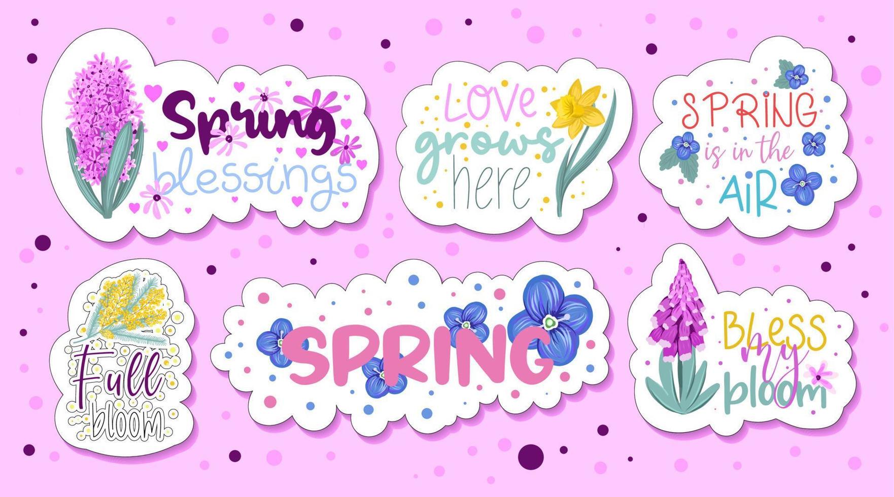 een verzameling van stickers met schattig inscripties en ontvangsten. voorjaar bloemen hyacint, narcis en mimosa. schattig voorjaar stickers voor planner. vector