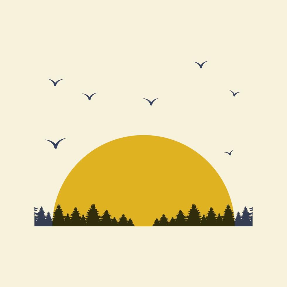 zonsopkomst in Woud en vliegend vogelstand esthetisch plein illustratie poster. Boheems stijl muur decor. hedendaags artistiek afdrukken. vector