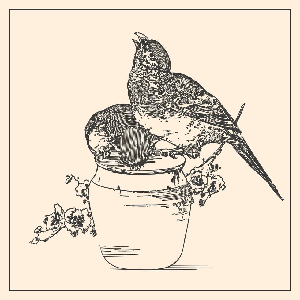 hand- getrokken drinken mus vogelstand monochroom kaart. illustratie van klein vogelstand in zwart geïsoleerd Aan achtergrond. vector