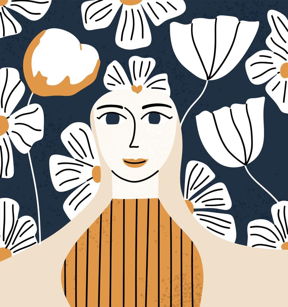 portret van een meisje met abstract bloemen in haar haar. kunst ansichtkaart voor Internationale dag. vector illustratie in hand- getrokken stijl