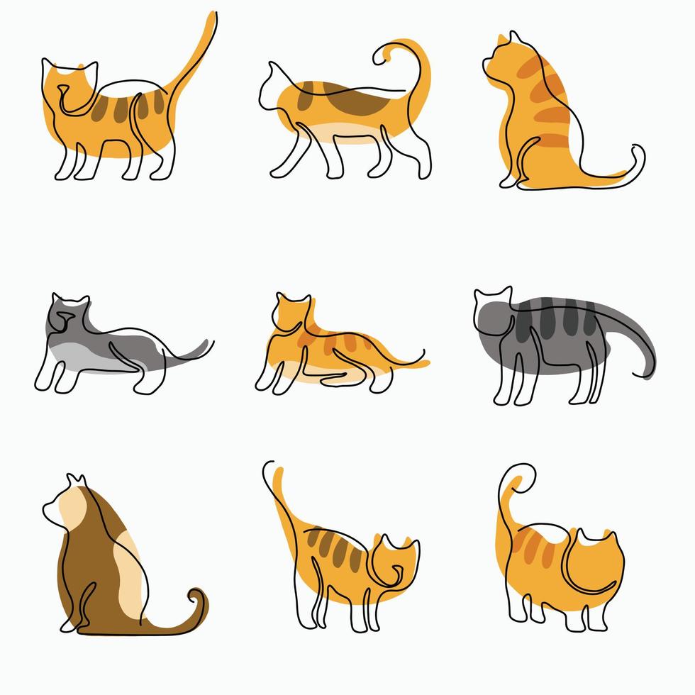 tekening doorlopend uit de vrije hand schetsen tekening van kat houding verzameling. vector