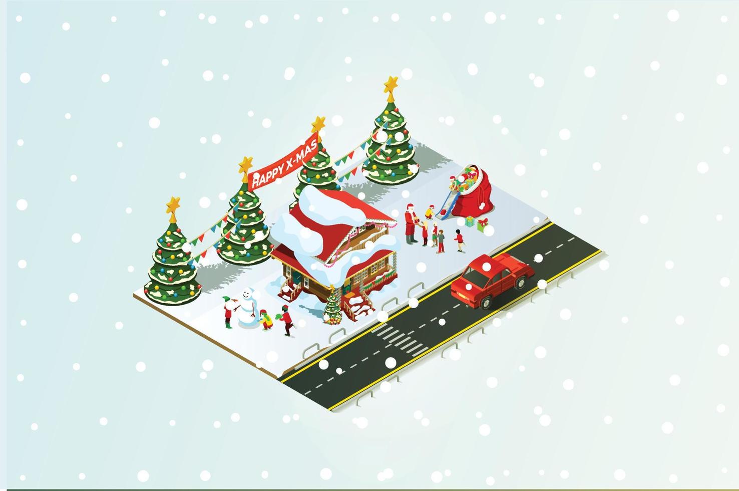 isometrische illustratiegelukkig mensen verzamelen samen en vieren Kerstmis in de omgeving van de boom onder de sneeuw, geschikt voor diagrammen, infografieken, boek illustratie, en andere grafisch verwant middelen vector