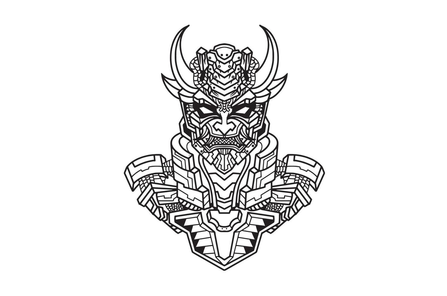 hand- tekening illustratie van zwart wit gehoornd schedel hoofd oni samurai grafiek met mechanisch robot lichaam vector