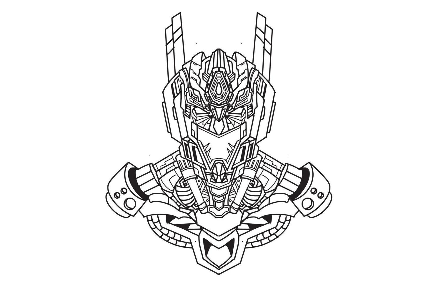 hand- tekening illustratie van zwart wit gehoornd schedel hoofd oni samurai grafiek met mechanisch robot lichaam vector