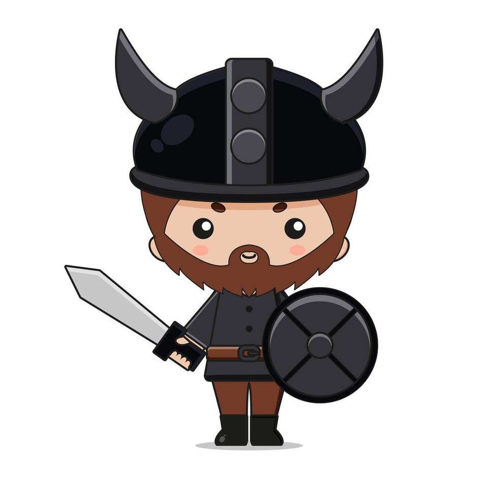 schattig viking mascotte character design met zwaard en schild vector