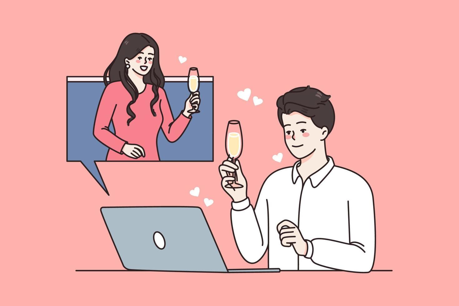 online vakantie en viering concept. glimlachen mensen Holding bril van Champagne voor vakantie online van laptop scherm vector illustratie