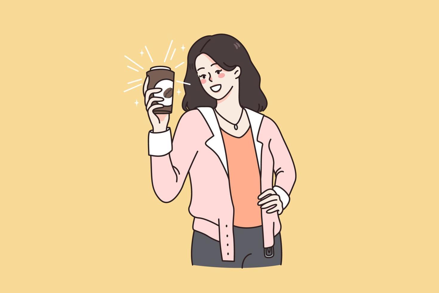 genieten van smakelijk koffie drinken concept. jong glimlachen vrouw staand en Holding kop van meenemen vers gebrouwen koffie in handen gevoel positief vector illustratie