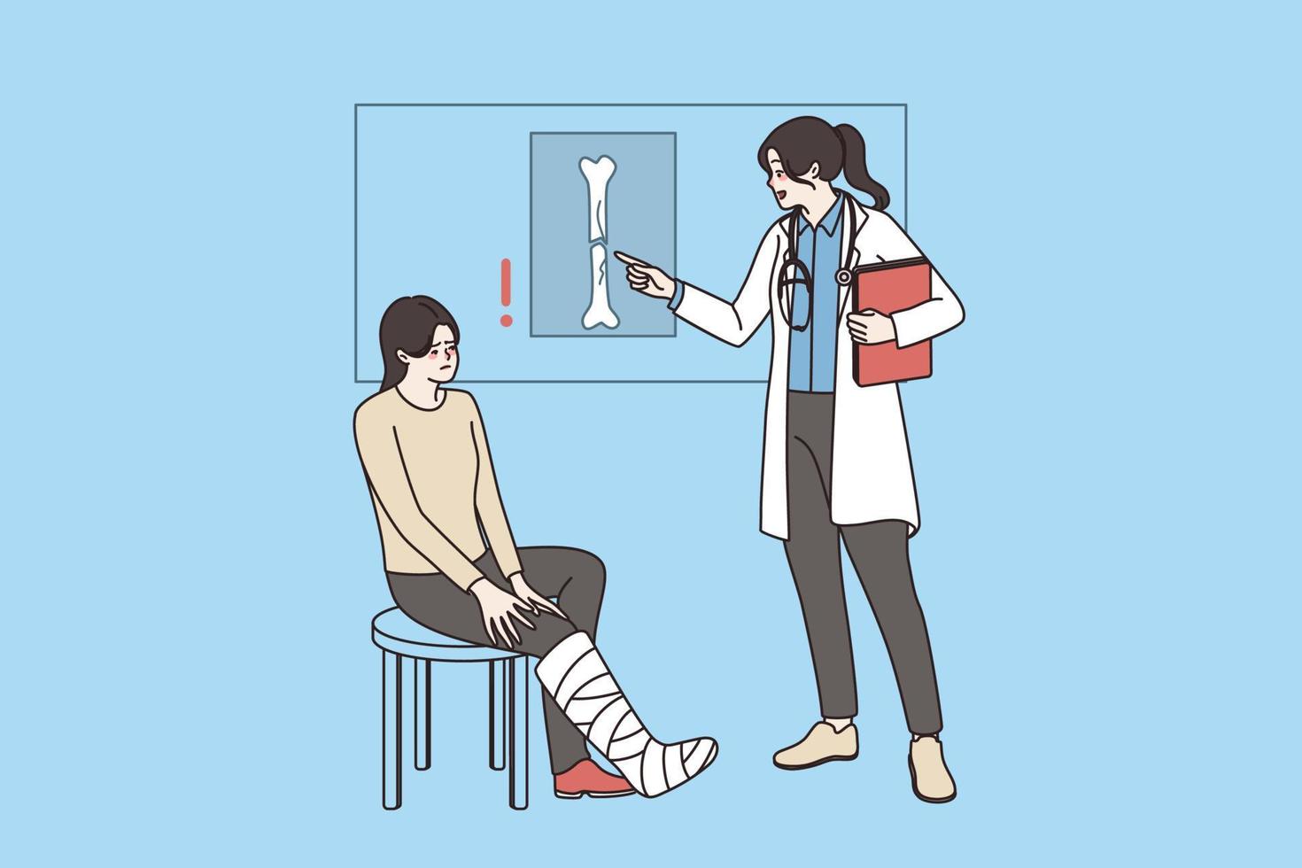 vrouw dokter tonen x-ray van gebroken been van jong meisje geduldig Bij overleg in ziekenhuis. vrouw gp raadplegen gewond cliënt over trauma. letsel en herstel, revalidatie. vector illustratie.