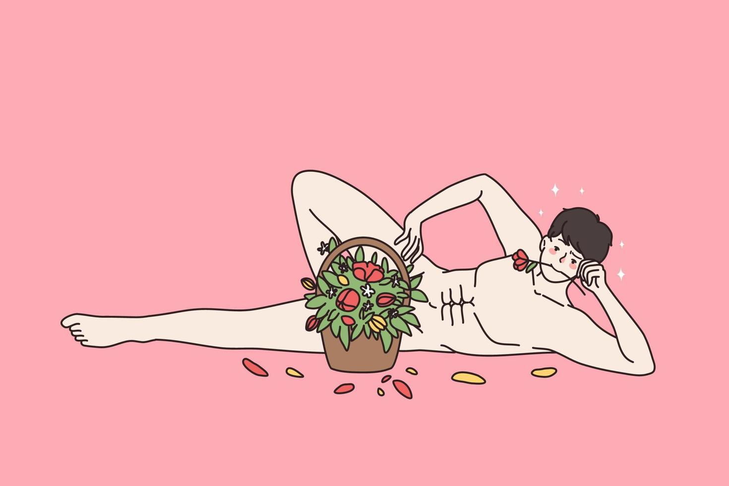 sexy jong Kaukasisch Mens aan het liegen met bloem in mond, groet felicitatie met Valentijn dag. naakt mannetje model- met bloemen boeket feliciteren Dames. vlak vector illustratie, tekenfilm karakter.