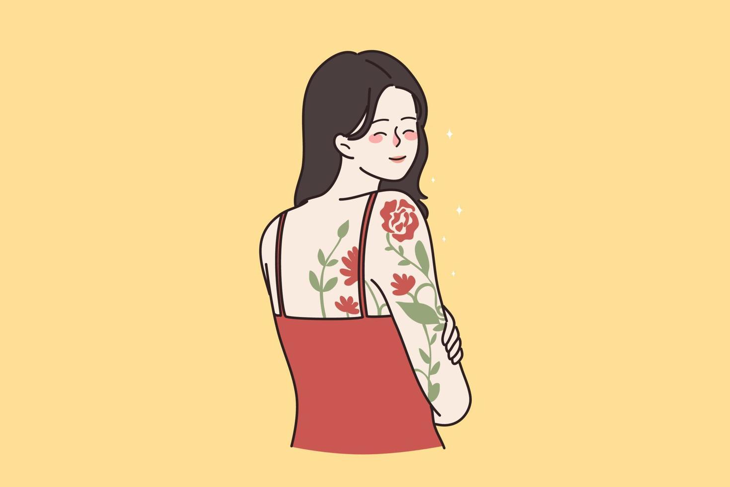 glimlachen jong vrouw met bloem tatoeëren Aan arm, schouder en rug. gelukkig millennial generatie z meisje lichaam schilderij tekening met inkt. hobby, kunst concept. zelfexpressie. vlak vector illustratie.