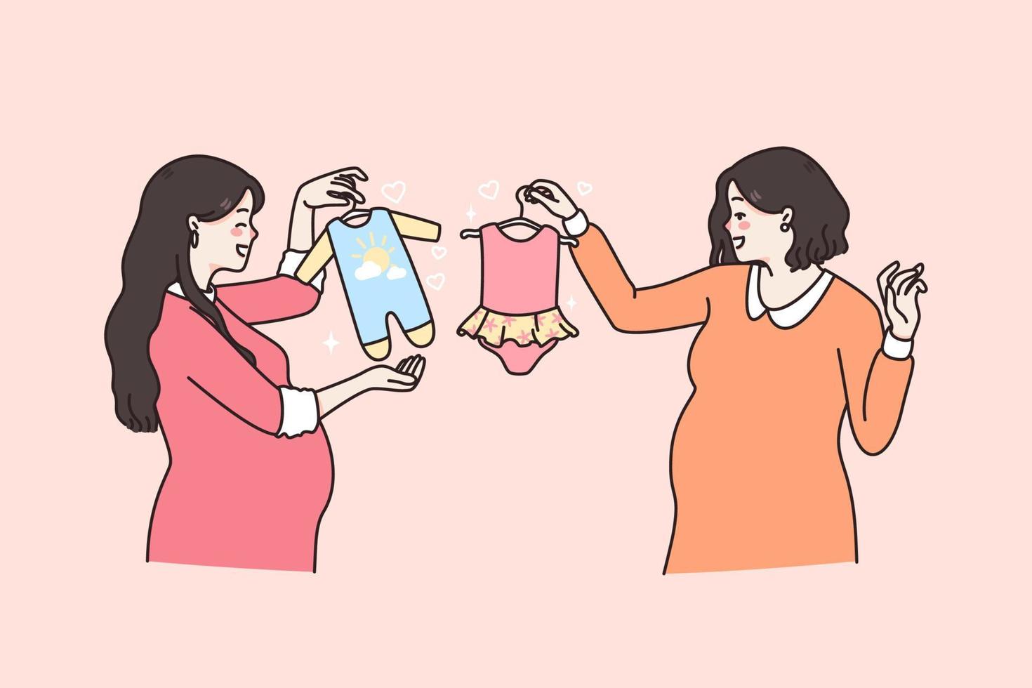 gelukkig moederschap en zwangerschap concept. twee glimlachen zwanger Dames staand kiezen kleding voor hun baby's jongen en meisje vector illustratie