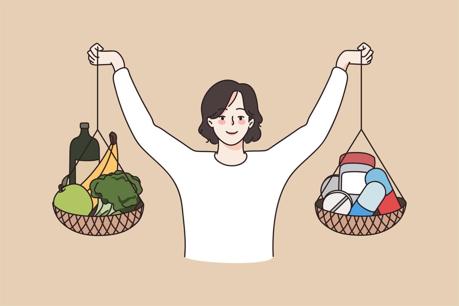 gezond levensstijl en vitamines concept. glimlachen vrouw staand Holding manden met vers rauw eetpatroon fruit en groenten en medisch vitamines in handen vector illustratie