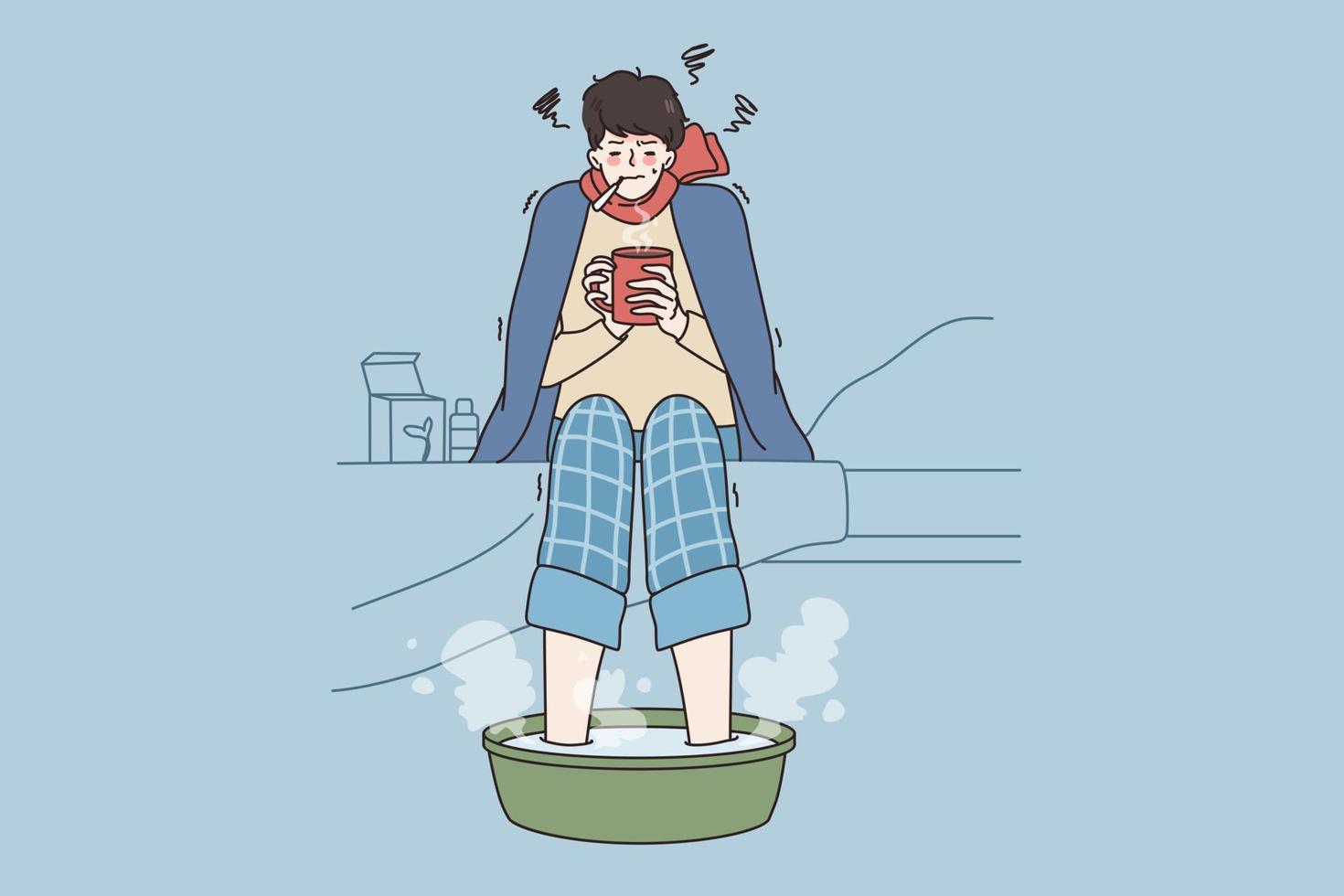 koorts en krijgen griep concept. jong verdrietig Mens in warm kleren en sjaal zittend met heet drinken meten temperatuur en maken bad voor voet vector illustratie