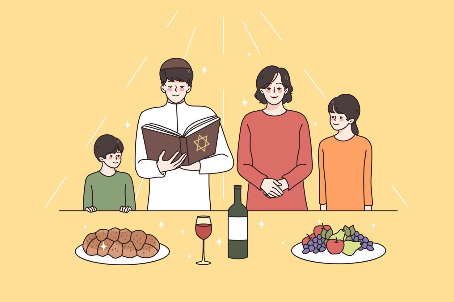 religieus onderwijs en geestelijkheid concept. Jood familie met kinderen staand met religie boek bidden allemaal samen voordat maaltijd vector illustratie