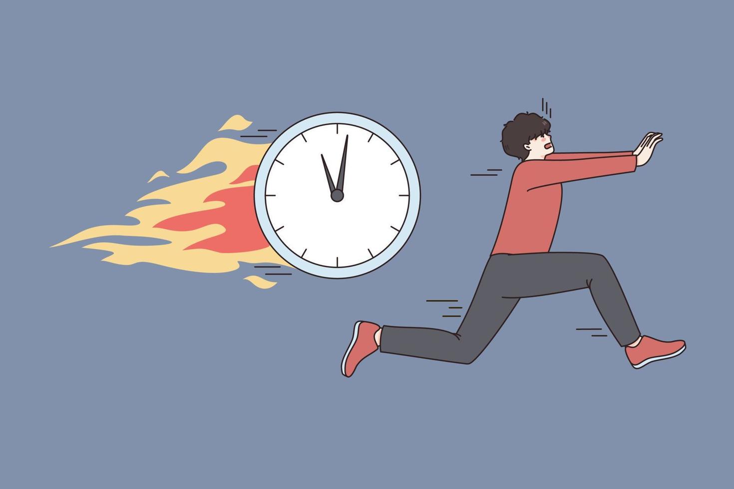 deadline wezen haast je en tijd concept. jong benadrukt haast Mens arbeider rennen van vliegend alarm klok over- blauw achtergrond vector illustratie