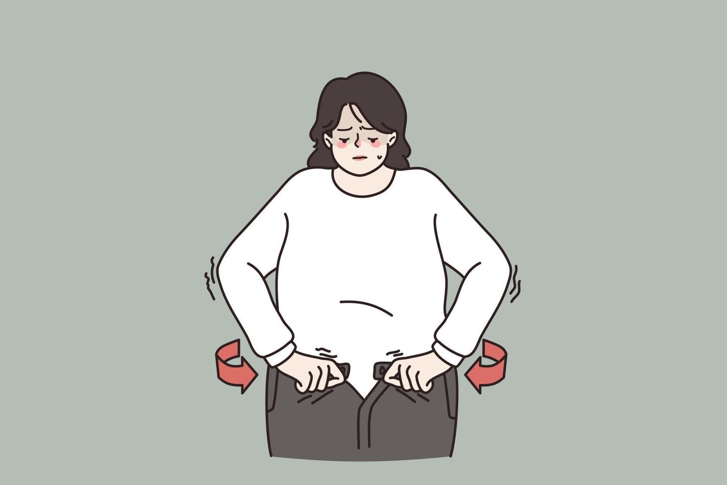 ongelukkig te zwaar vrouw niet in staat naar vastmaken jeans, nodig hebben verliezen gewicht voor lichaam houden fit. dik vrouw lijden van buitensporig lichaamsgewicht. eetpatroon, gezond levensstijl concept. vlak vector illustratie.