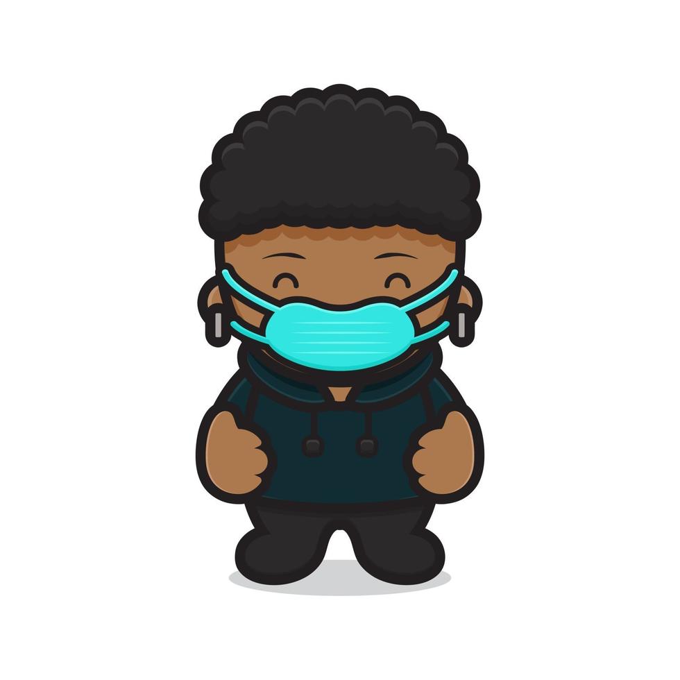 schattige jongen met hoodie en masker met een goede pose vector