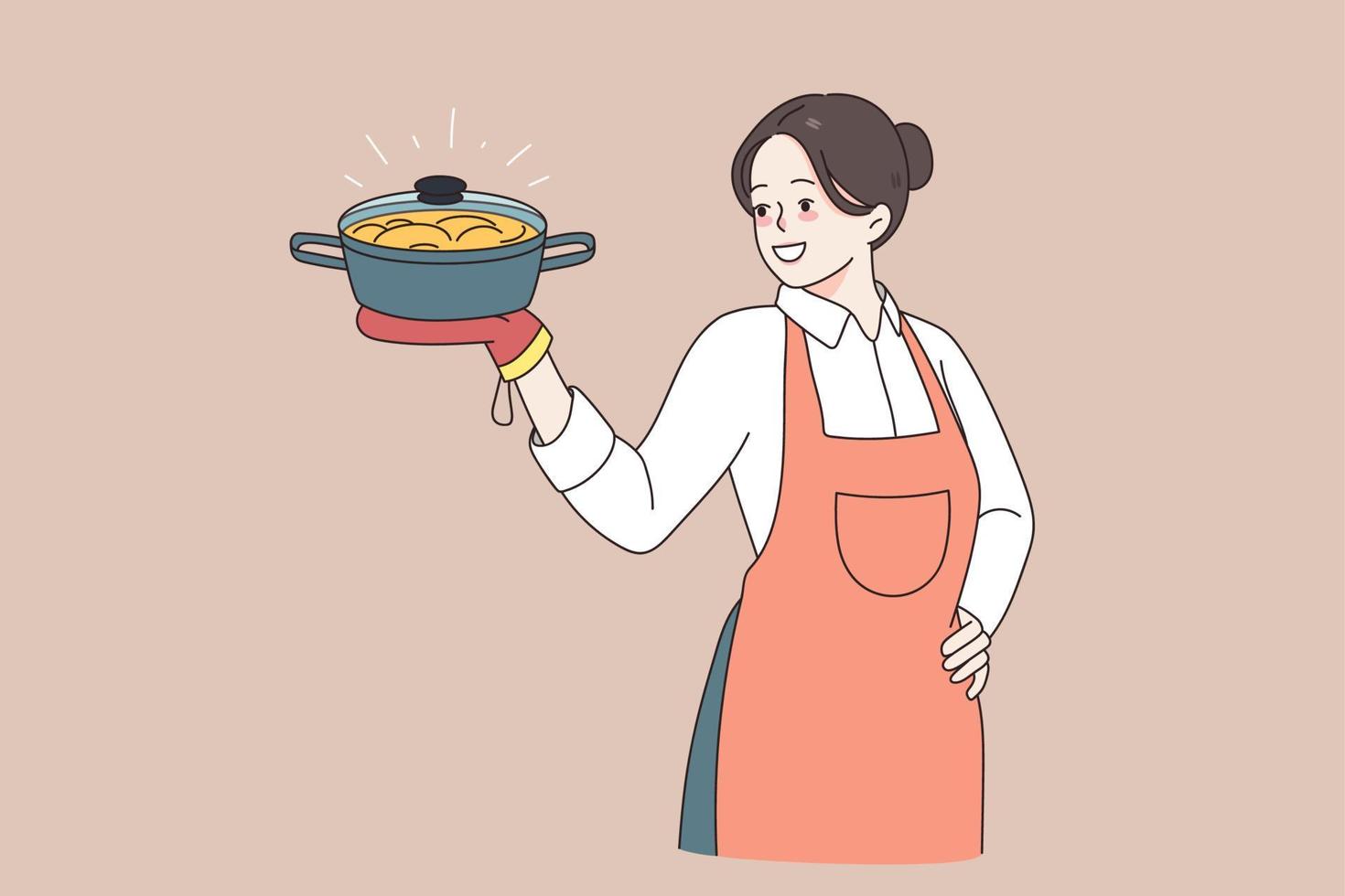 Koken en eigengemaakt voedsel concept. jong glimlachen vrouw chef in schort staand en Holding vers gekookt avondeten maaltijd in handen vector illustratie