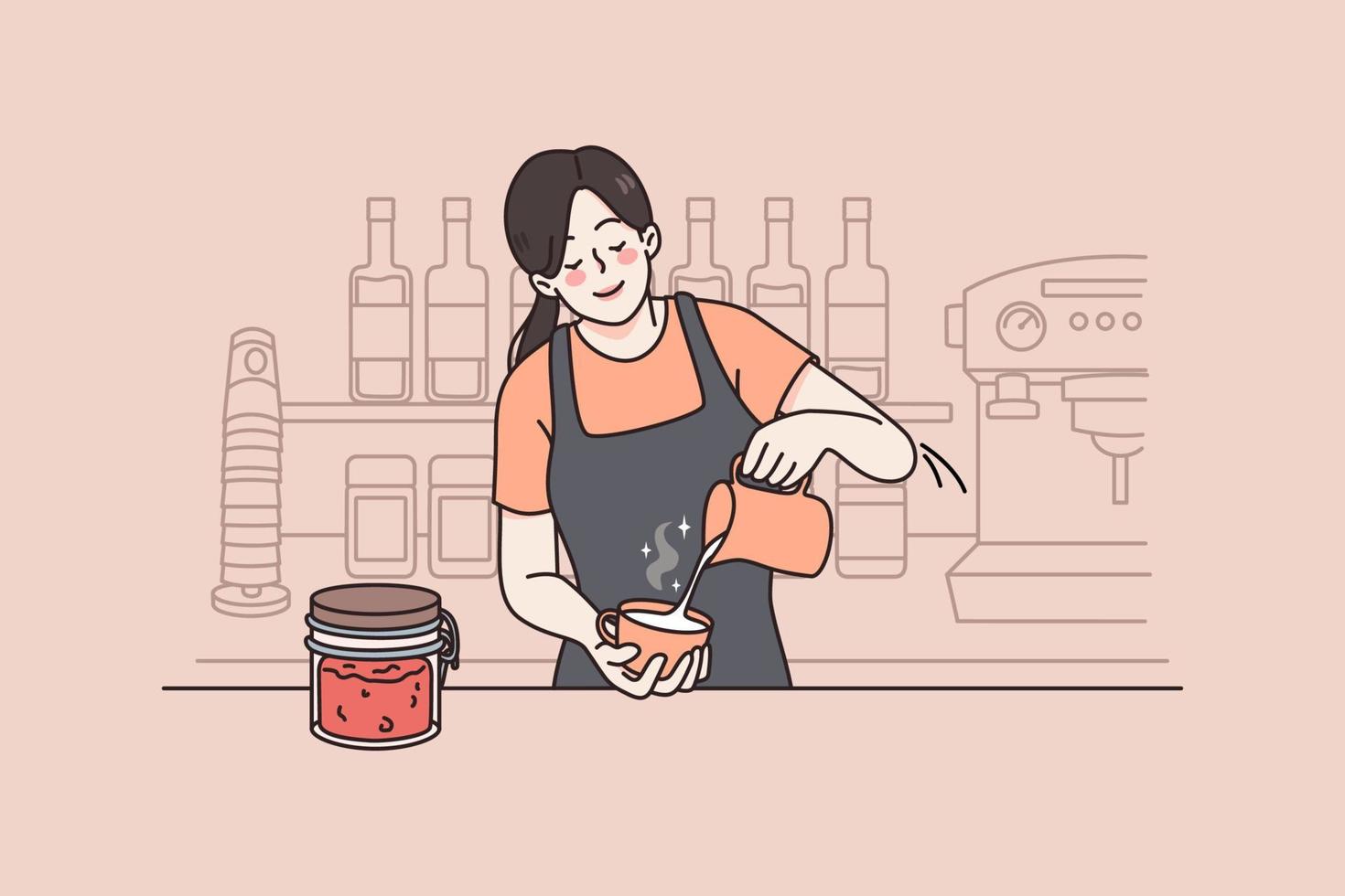 werken net zo barista in coffeeshop concept. jong vrouw barista maken cappuccino of latte met melk voor cliënt gedurende werk gevoel positief vector illustratie