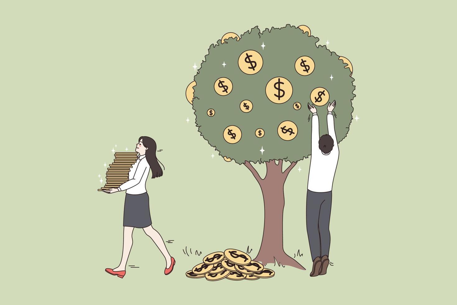 mensen uit het bedrijfsleven verzamelen geld munten van boom, krijgen dividend van geslaagd bedrijf investering. gelukkig medewerkers oogsten contant geld oogst, voordeel van geslaagd overeenkomst. passief inkomen. vector illustratie.