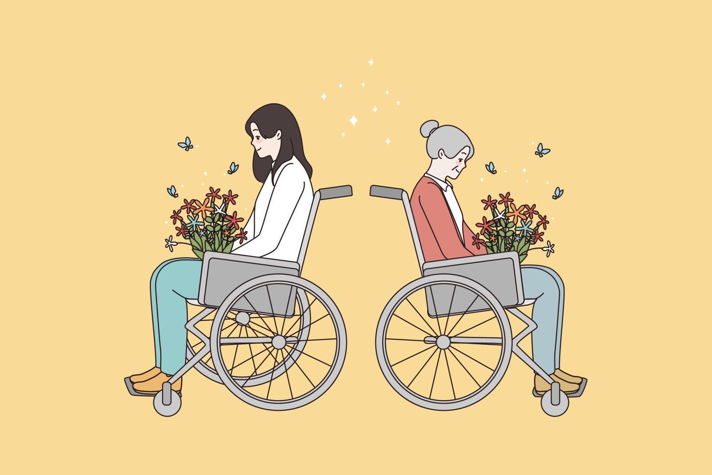 gelukkig verschillend Dames in rolstoel voelen dolblij gevleid met bloemen boeket. glimlachen vrouwtjes met onbekwaamheid bevredigd met voorjaar bloemen. mensen met Gezondheid voorwaarde. vector illustratie.
