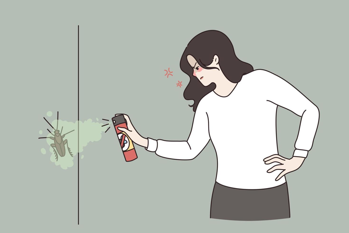 boos vrouw gebruik insecticide chemisch verstuiven doden kakkerlak Bij huis. ongelukkig boos vrouw strijd met insecten bugs in appartement. plaag controle, ontsmetting concept. vlak vector illustratie.