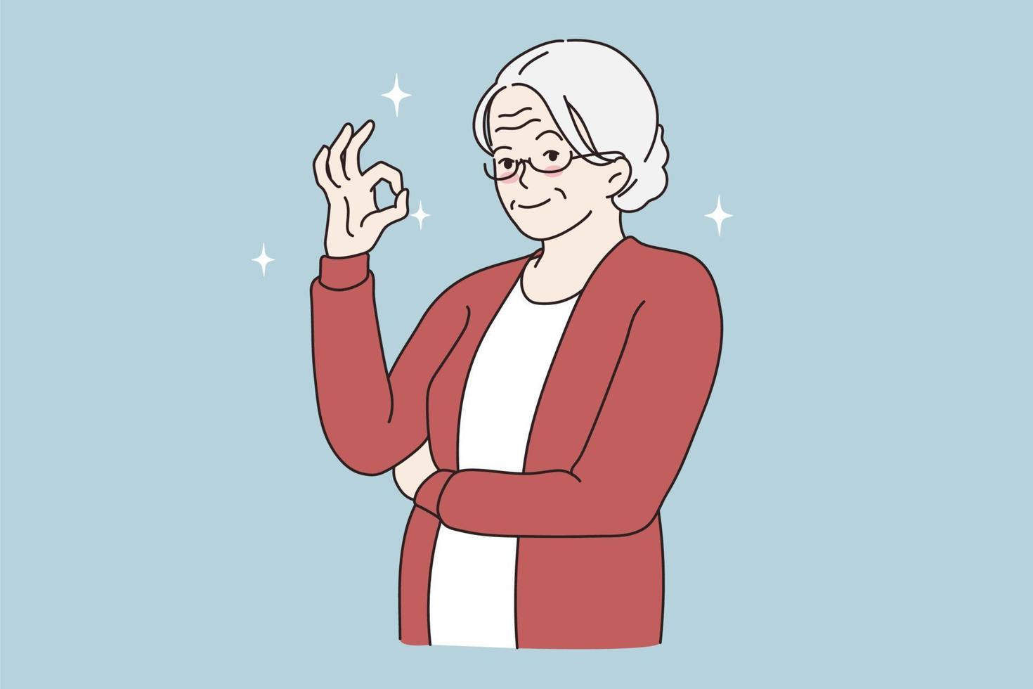 OK mooi zo teken gebaar concept. glimlachen ouderen volwassen grijs haren vrouw staand tonen OK teken met vingers Aan hand- op zoek Bij camera vector illustratie