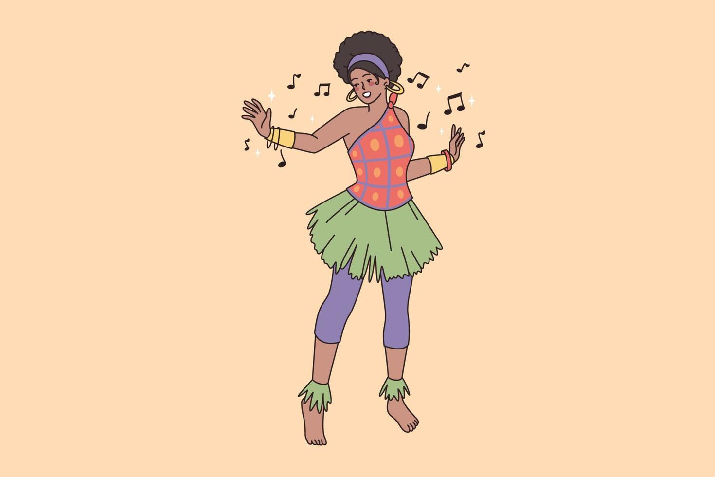 Afrikaanse vrouw in traditioneel nationaal kostuum dans maken ritueel beweegt. stam etnisch inboorling meisje danser kom tot rust genieten muziek- Speel. afro nationaliteit, diversiteit. vector illustratie, tekenfilm karakter.