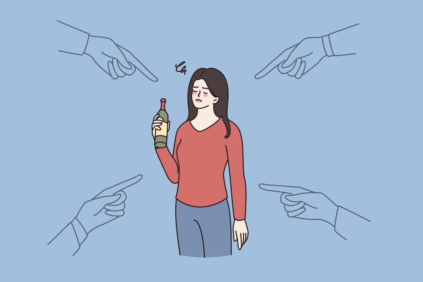 mensen punt Bij dronken vrouw Holding fles in hand. maatschappij beschuldigen vrouw met alcoholisch verslaving probleem. alcohol verslaafde, slecht ongezond gewoonte. vlak vector illustratie, tekenfilm karakter.