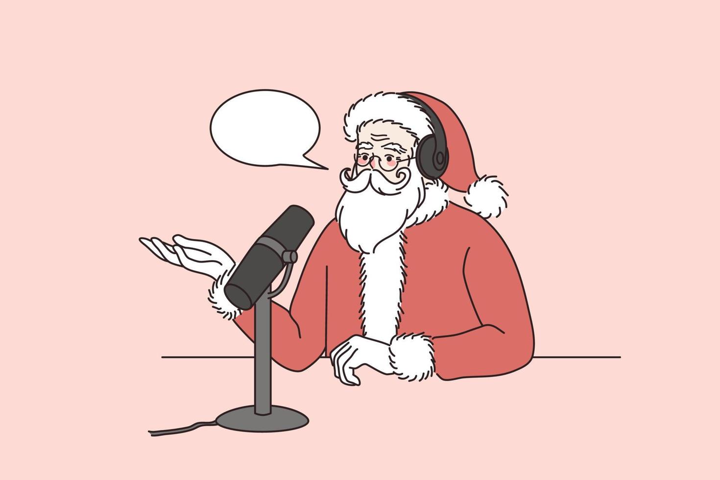 de kerstman claus in rood feestelijk kostuum praten spreken Aan radio Aan microfoon met kinderen publiek. vader Kerstmis Doen online uitzending of leven podcast met microfoon. nieuw jaar. vlak vector illustratie.