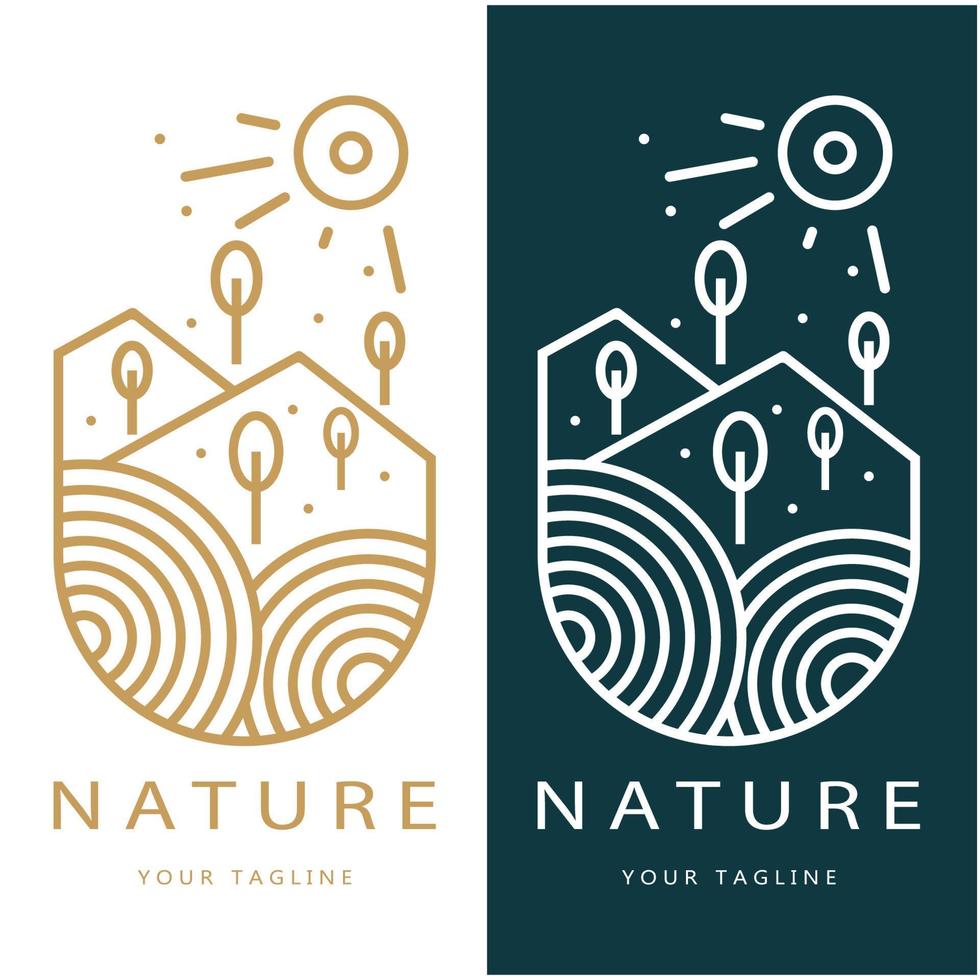 natuur vector logo. met bomen, rivieren, zeeën, bergen, bedrijf emblemen, reizen insignes, , ecologisch Gezondheid