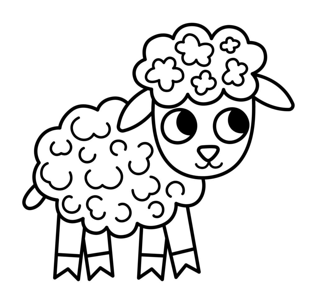 vector zwart en wit lam icoon. schattig schets tekenfilm weinig schapen illustratie voor kinderen. boerderij dier baby geïsoleerd Aan wit achtergrond. kleurrijk vlak ooi afbeelding of kleur bladzijde voor kinderen