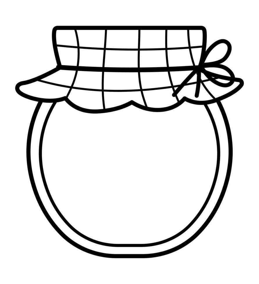 vector zwart en wit honing pot lijn icoon geïsoleerd Aan wit achtergrond. schattig landelijk glas pot gebonden met blauw gecontroleerd lap. schets bijenteelt boerderij illustratie of kleur bladzijde