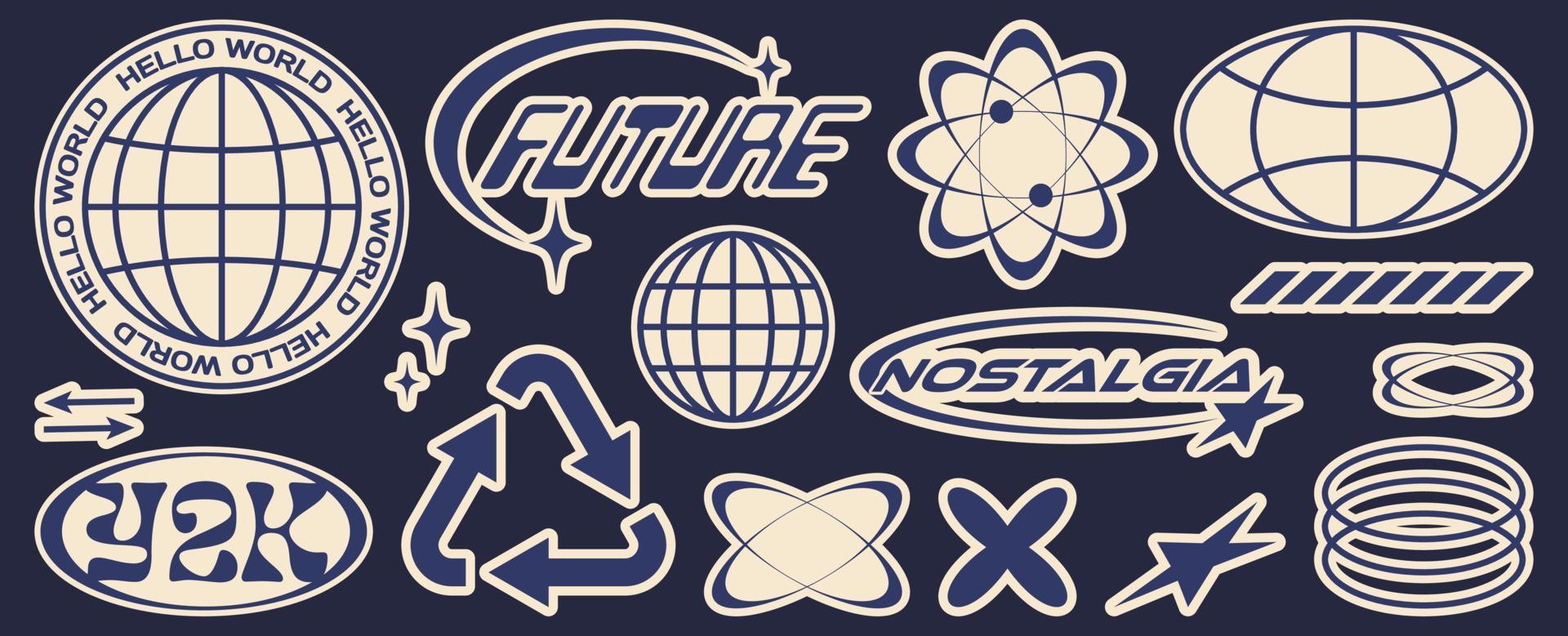 retro futuristische sticker. abstract grafisch meetkundig symbolen en voorwerpen in y2k stijl. Sjablonen voor notities, affiches, spandoeken, stickers, bedrijf kaarten, logo. nostalgie voor jaren 2000. vector