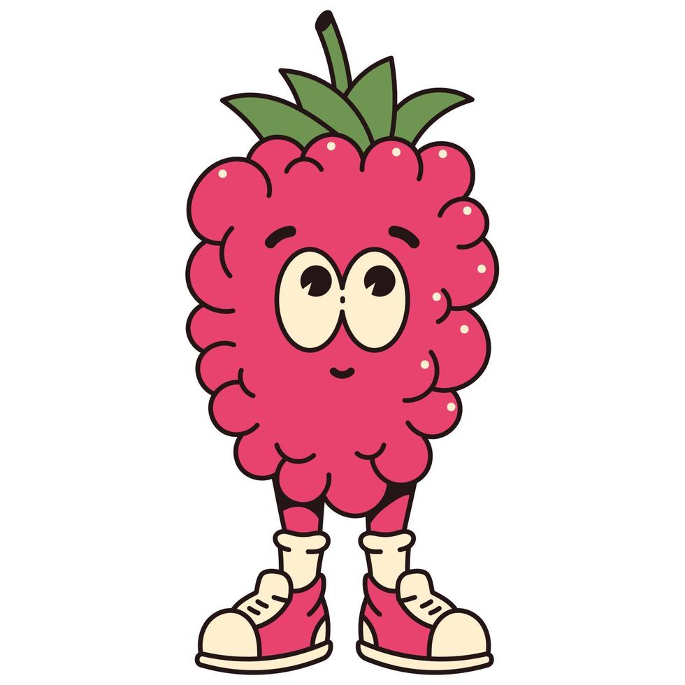 retro tekenfilm fruit frambozen karakter. modern illustratie met schattig comics karakters. hand- getrokken doodles van grappig karakter. modieus tekenfilm stijl. jaren 70-80 retro gevoel. vector