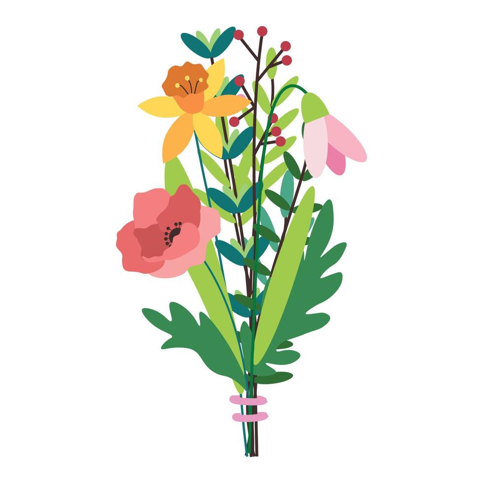 boeket met sneeuwklokjes, narcissen, papavers. plein sjabloon met bloemen, bladeren, takken. vector illustratie geïsoleerd Aan wit achtergrond.